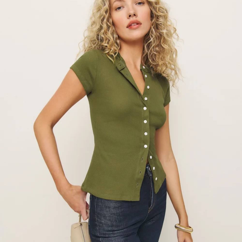 Reformation Olive Green Button-Up Women's Top